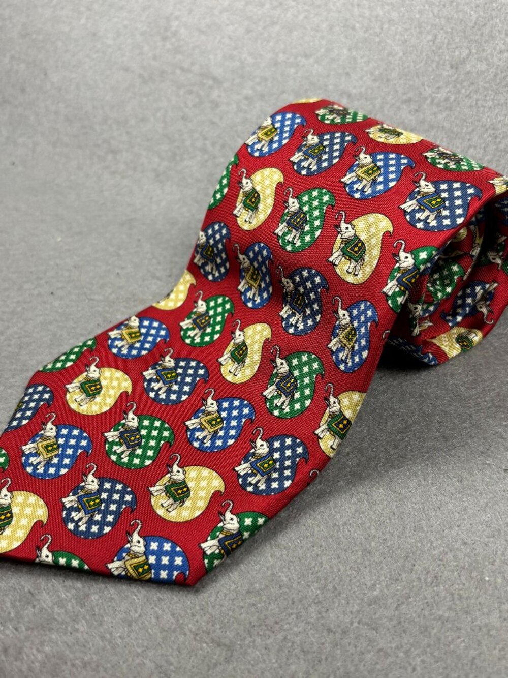 Fendi Made in Italy Silk Elephant Novelty Print Tie Red